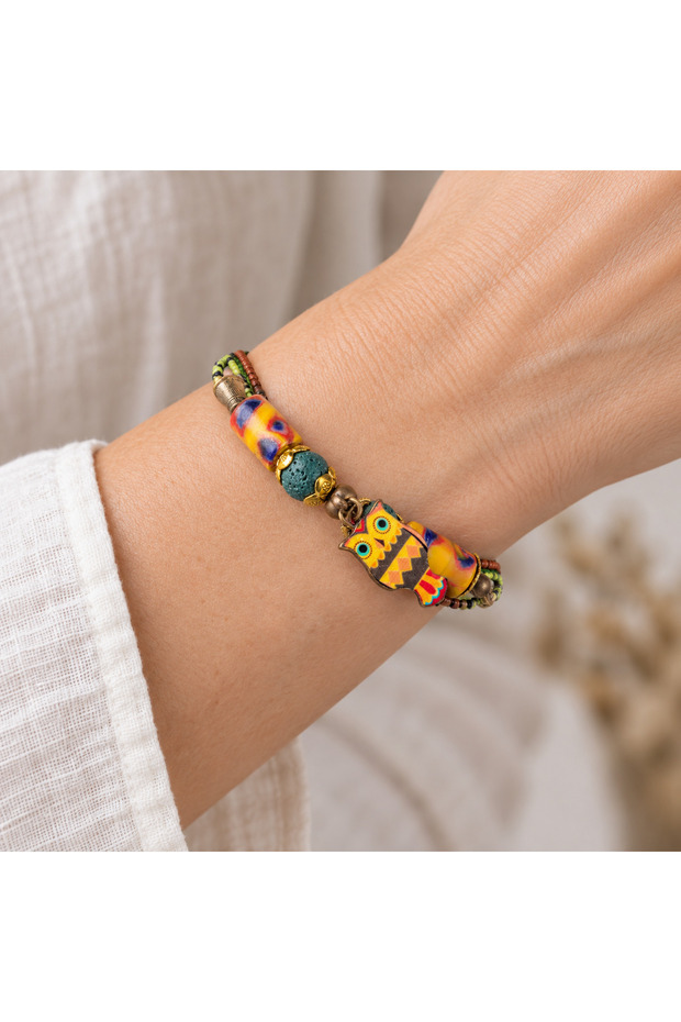 Colorful Beaded Owl Figured Multi-Row Bohemian Design Women's Bracelet