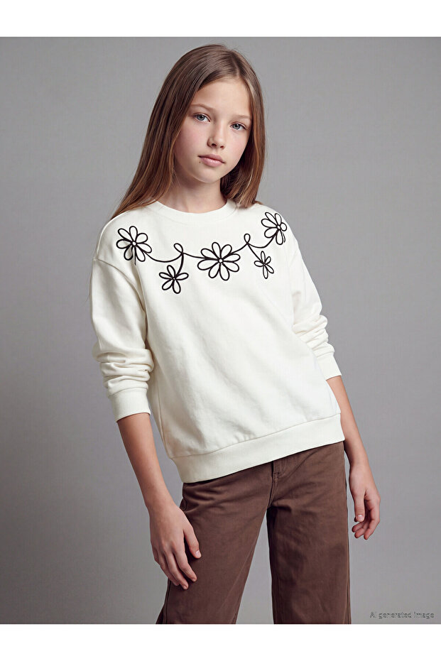 Alita City Lcw Kids Ecru Embroidered Girls' Thick Sweatshirt with a Difference