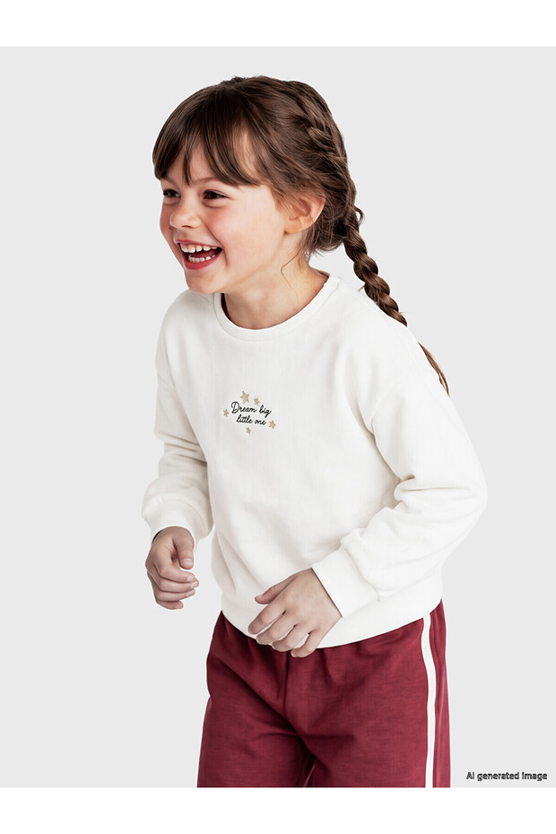 Alita City Lcw Kids Ecru Printed Loose & Baggy Girls' Sweatshirt with a Difference