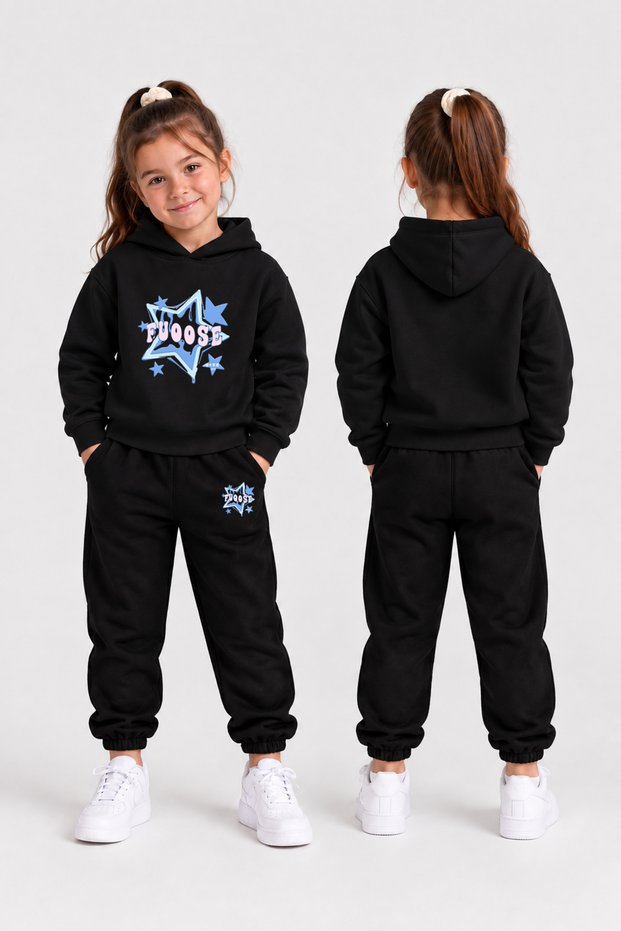 Girls' Hooded Tracksuit Set – Printed Hoodie Sweatshirt and Sweatpants Winter Outfit