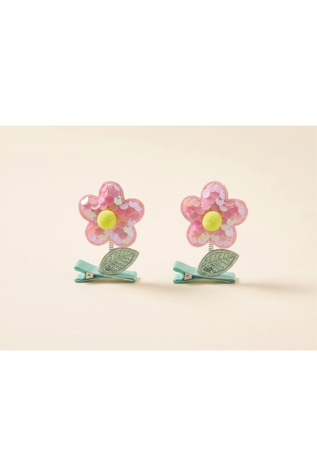 Set of 2 Pompom Sequined Floral Swinging Clips with Buckle
