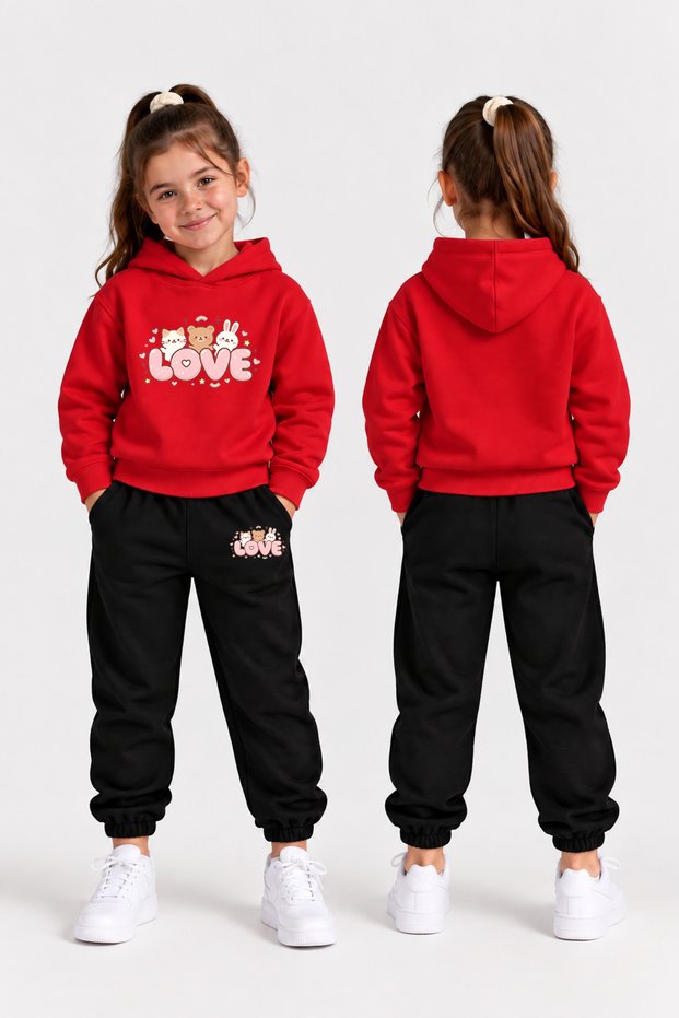 Girls' Hooded Tracksuit Set - Sweatshirt and Sweatpants Winter Outfit
