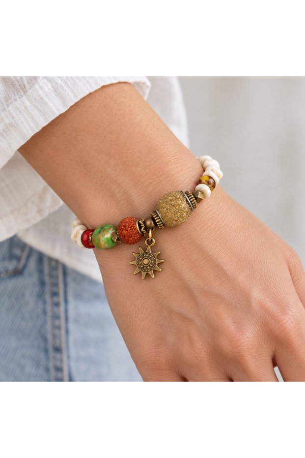 Cream Green Red Beaded Sun Figured Antique Gold Detailed Women's Bracelet