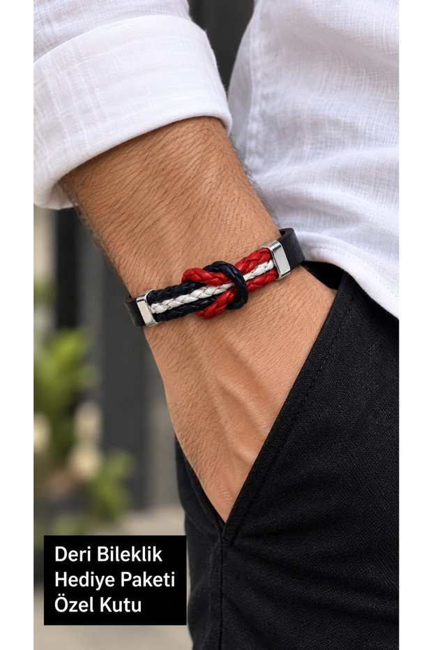 Nevrantis Sailknot Black Leather Men's Bracelet - Red White Navy Blue Knot