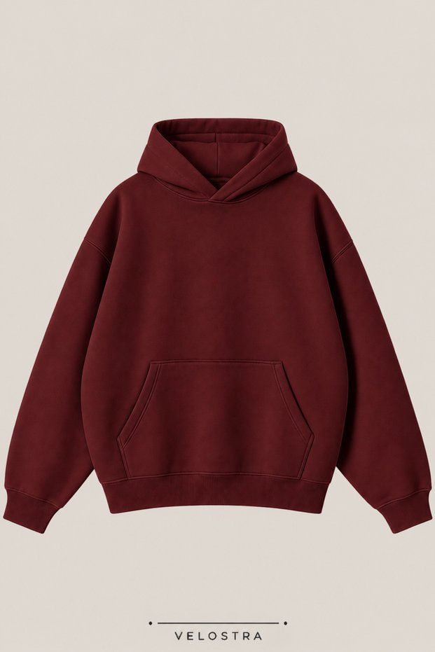 Unisex Unprinted Daily Use Comfortable Burgundy 3-Thread Combed Cotton Hooded Sweatshirt