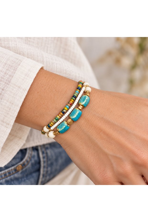 Turquoise Cream Multi-Colored Beaded Multi-Row Gold Detailed Women's Bracelet