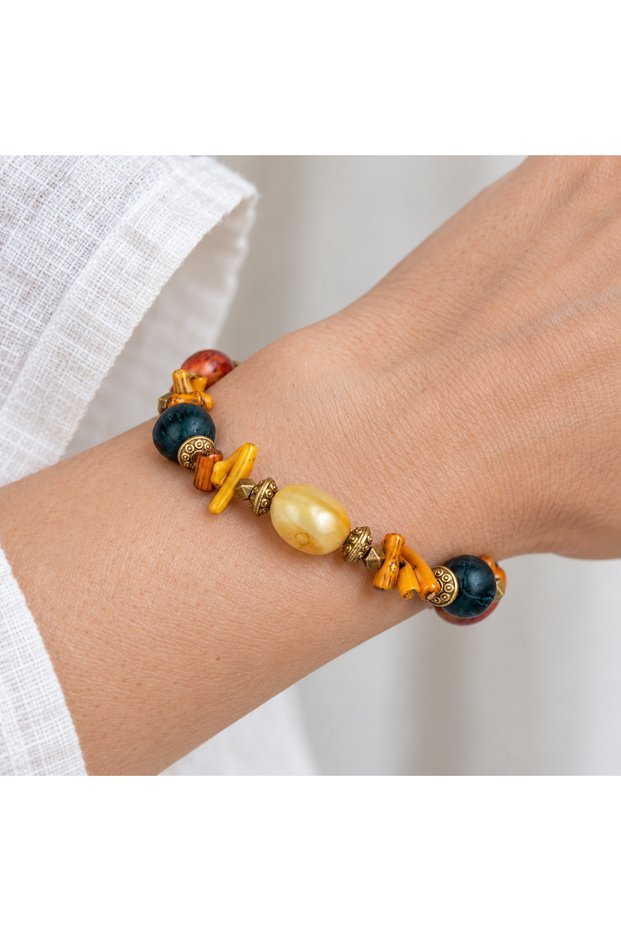 Orange Navy Blue and Cream Beaded Special Design Women's Bracelet with Antique Gold Detail