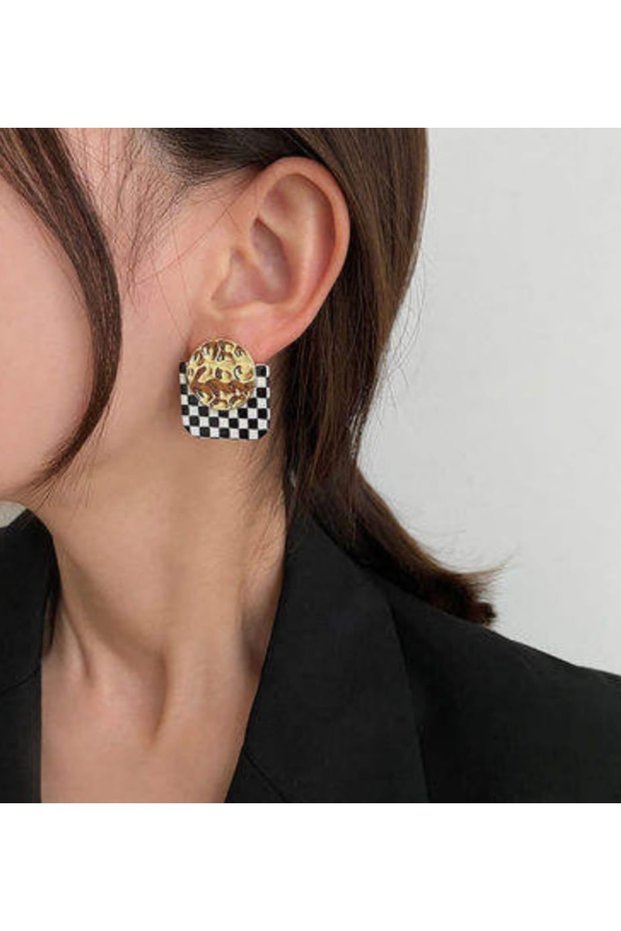 Xuping Black White Gold Hammered Disc Checkered Square Stud Earrings - Modern Non-Tarnish Anti-Allergy Fade-Resistant Stylish Gift Women's Earrings