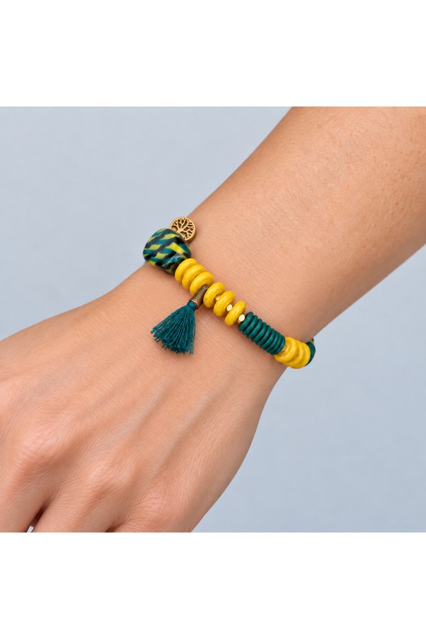 Yellow Green Beaded Tassel Bracelet – Stylish Accessory with Bronze Detailed Tree Figure