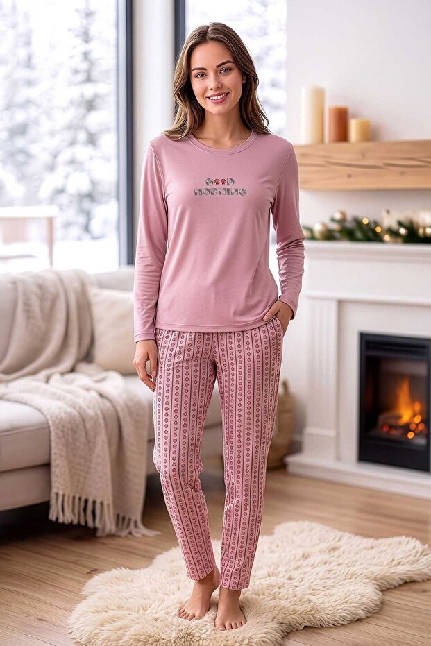 Women's Patterned Flexible Modal Long Sleeve Pajama Set Powder
