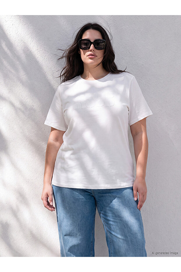 Two Mt Shop Quality Lcw Curve Ecru Combed Cotton Embroidered Standard & Regular Short Sleeve Women's T-Shirt