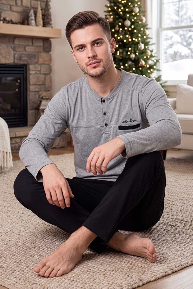 Men's Buttoned Long Sleeve Pajama Set Gray 100% Cotton
