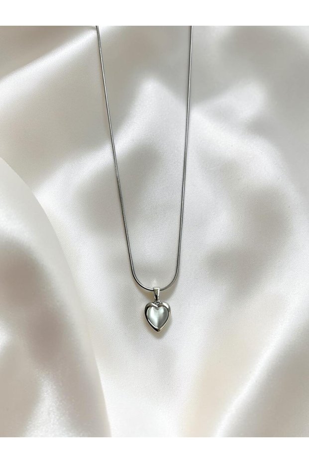 Opal Look Heart Silver Color Steel Necklace
