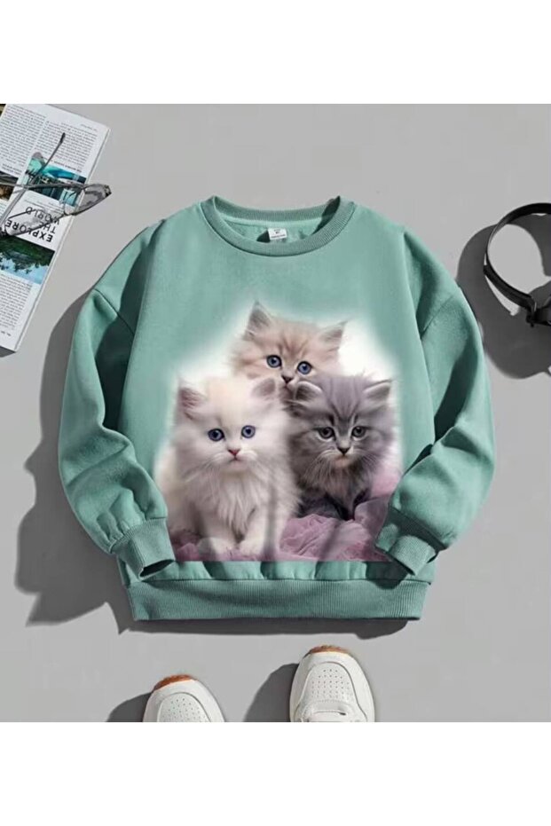 Crew Neck Sweatshirt with Three Tiny Kitten Prints, 100% Cotton, Winter Sweatshirt for Girls