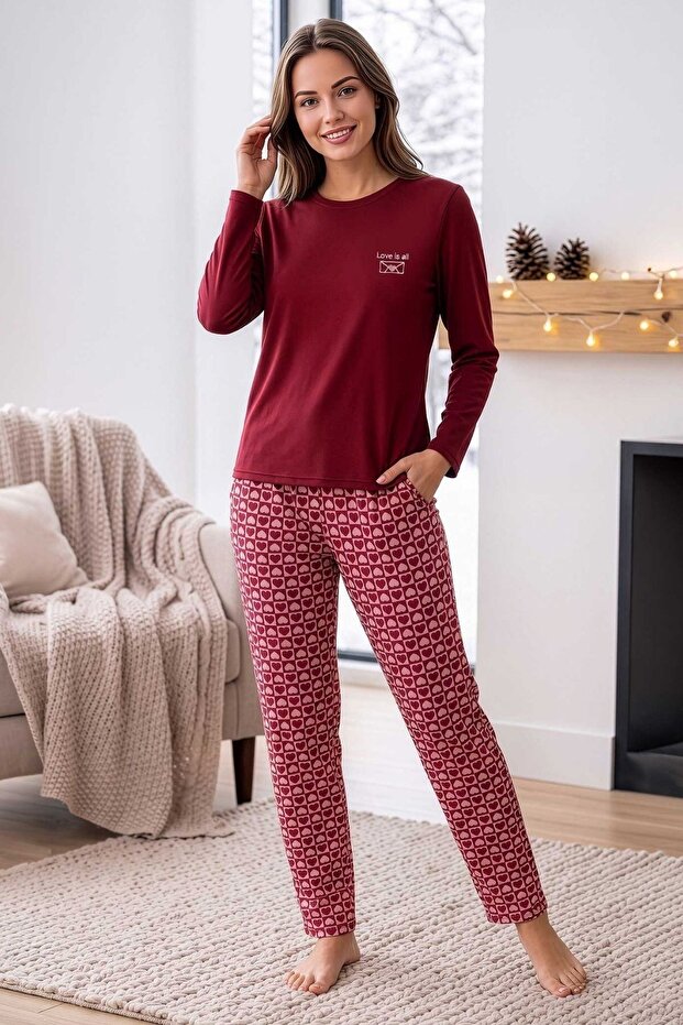 Women's Heart Patterned Lycra Thermal Long Sleeve Pajama Set Claret Red