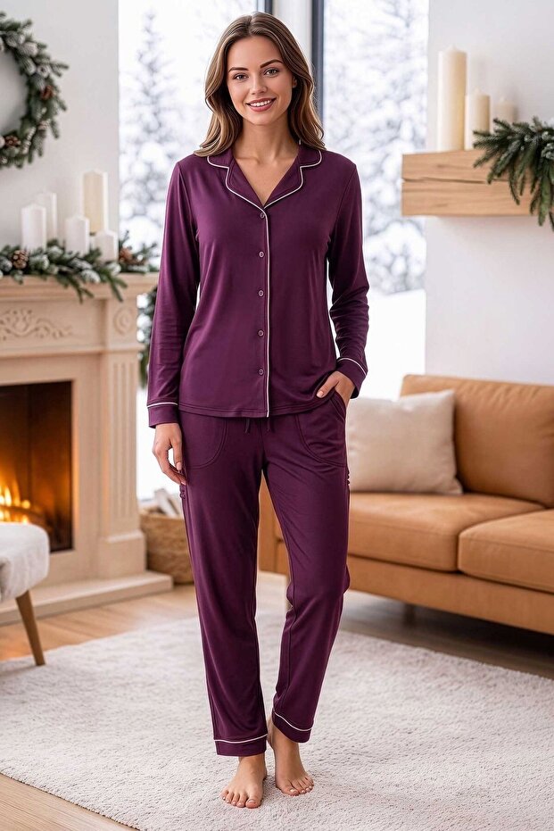 Women's Flexible Modal Long Sleeve Buttoned Pajama Set Plum