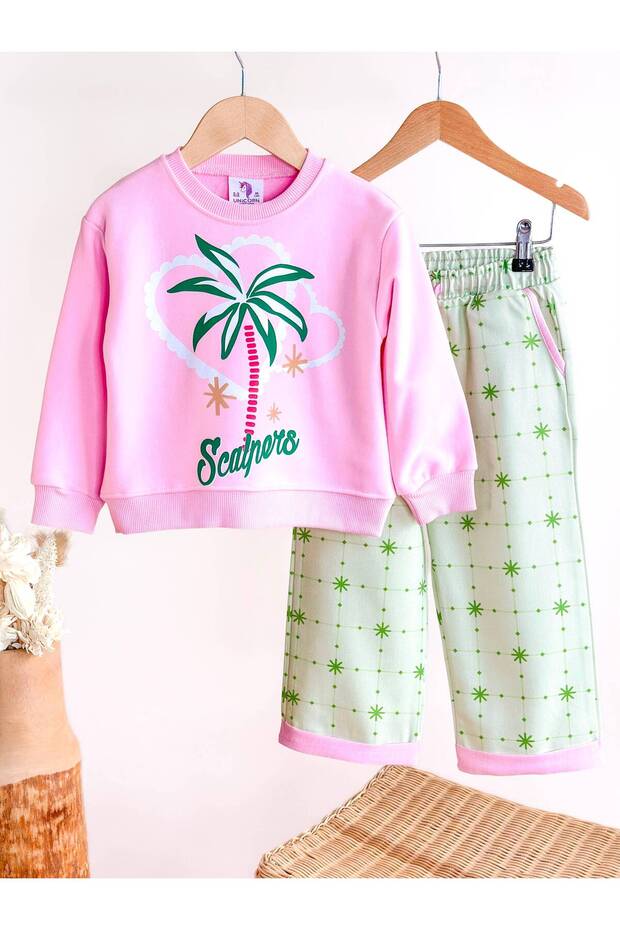 New Season Scarpes Patterned Girls' Sweatshirt and Denim Trousers Set
