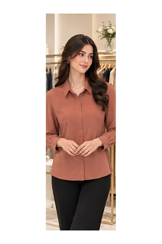 بلوزة نسائية بأكمام طويلة موديل BK963 - بني