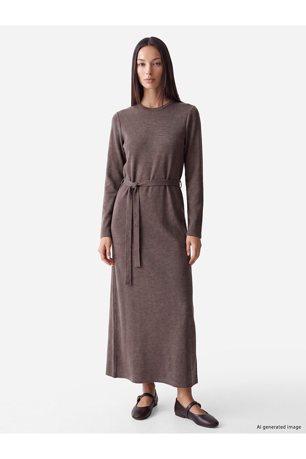 Alita City Farkıyla Lcw Everyday Brown Dobby Plain Standard & Regular Oval Neck Long Dress