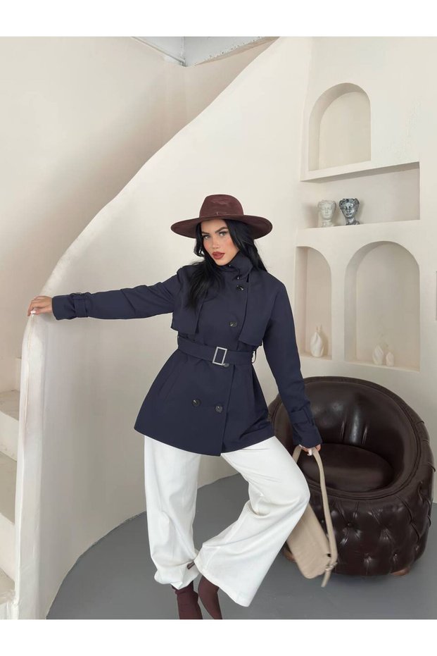 Women's Short Belted Stand Collar Buttoned Seasonal Oversize Trench Coat