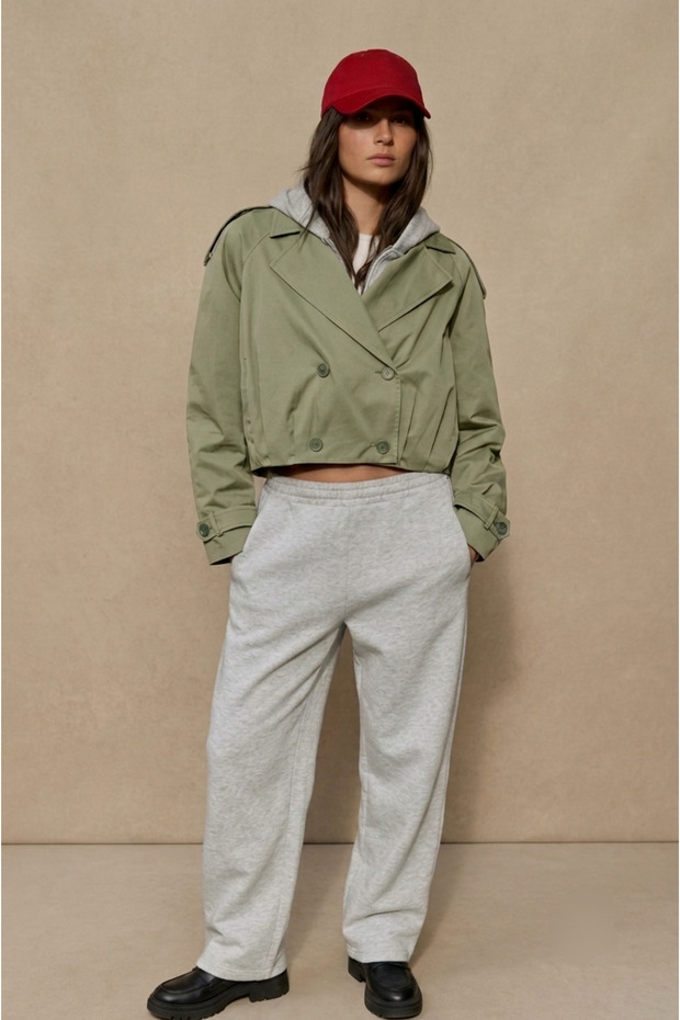 Women's Crop Trench Coat Biker Cut Double Breasted Buttoned Jacket Coat