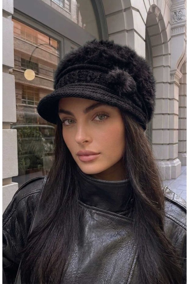Fluffy Plush Knitted Beanie with Bow Decoration and Visor