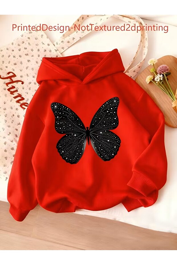 Girls' Hoodie Sweatshirt, Stylish Butterfly Themed Sweatshirt with Glossy Black Butterfly Pattern, Unisex Holiday Gift, Cartoon Chic Print
