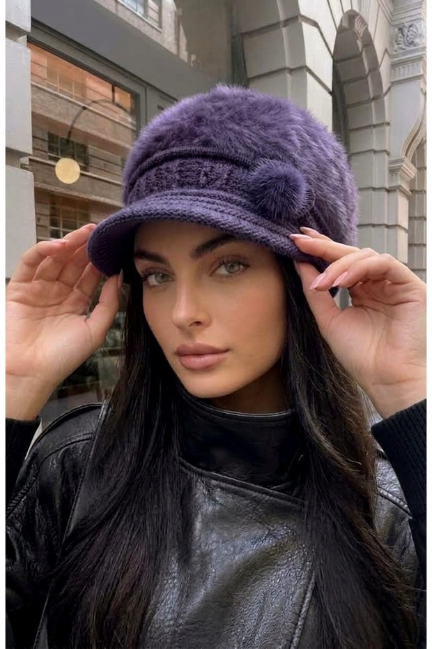 Fluffy Plush Knitted Beanie with Bow Decoration and Visor