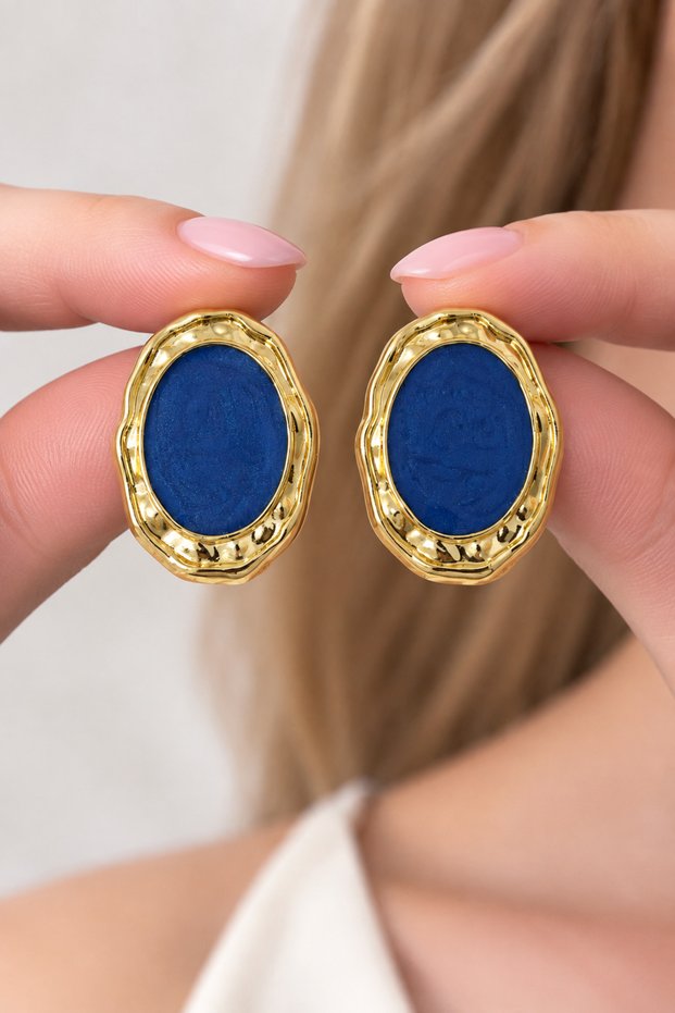 Women's Navy Blue Enameled Oval Earrings