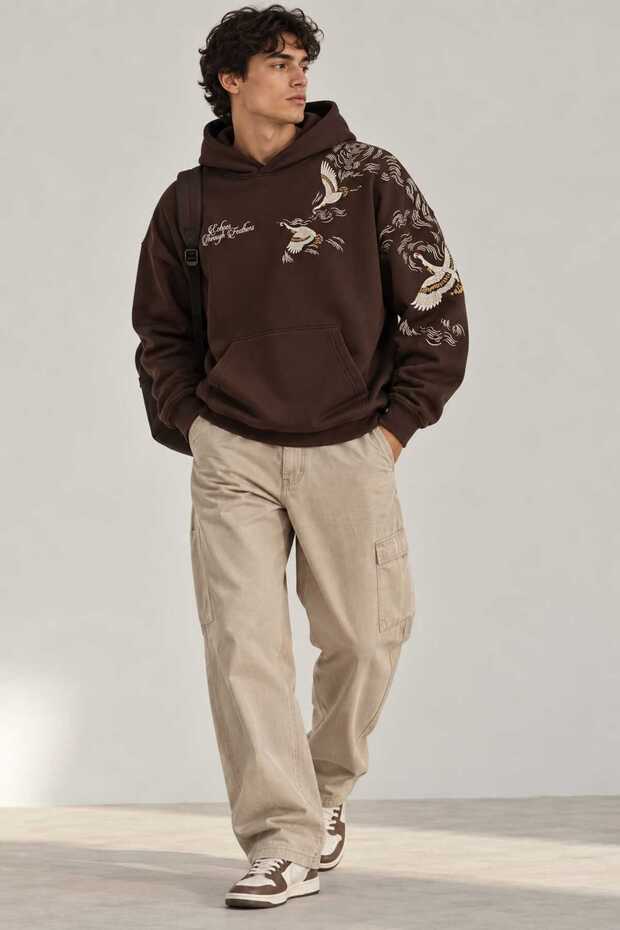 Unisex Oversize Turna Embroidered Hooded Sweatshirt Hoodie Brown