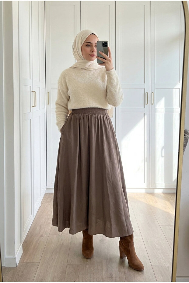 Women's Modal Textured High Waist Elastic Pocketed Loose Cut Long Skirt Without Lining