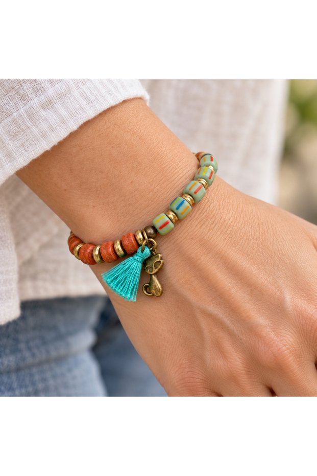 Cat Figured Turquoise Tassel Orange and Multi-Colored Beaded Women's Bracelet