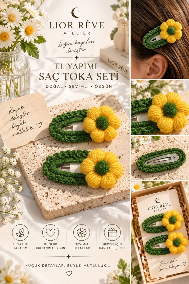 Lior Rêve Atelier Handmade Knitted Hair Clip Set – 2-Piece Green Hair Clip with Yellow Flower Detail