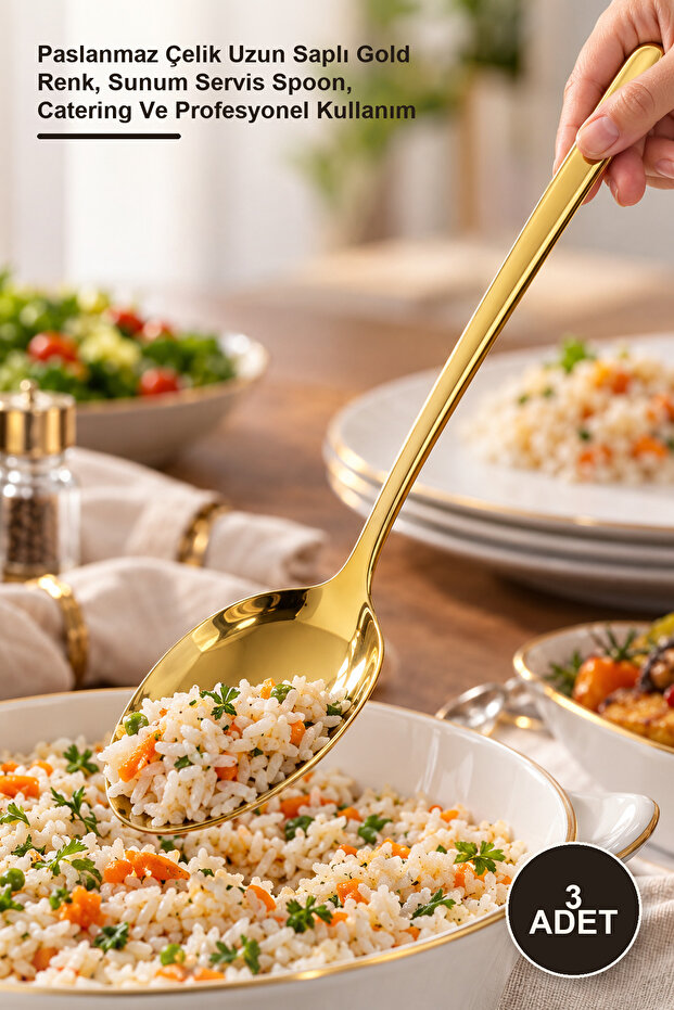 3 Pieces Metal Serving Spoon – Stainless Steel Long Handle Gold Color, Presentation Serving Spoon, Catering and Professional Use