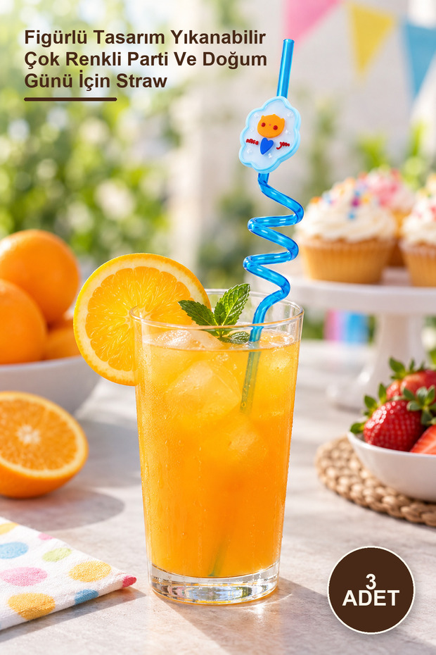 3 Pieces of Curved Colorful Plastic Straws – Figured Design, Washable, Multi-Colored, Straw for Parties and Birthdays