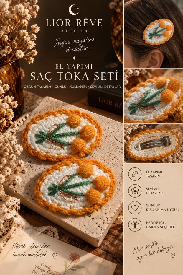 Lior Rêve Atelier Handmade Knitted Hair Clip Set – Set of 2 Hair Clips with Carrot Detail and Floral Pattern