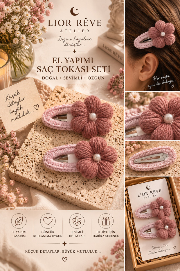 Lior Rêve Atelier Handmade Knitted Hair Clip Set – 2-Piece Powder Pink Floral Detailed Pearl-Looking Hair Clips