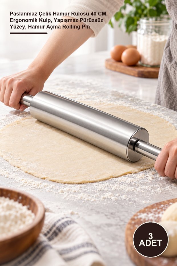 3 Pieces of Steel Rolling Pins – Stainless Steel Dough Roller 40 Cm, Ergonomic Handle, Non-Stick Smooth Surface, Dough Rolling Pin
