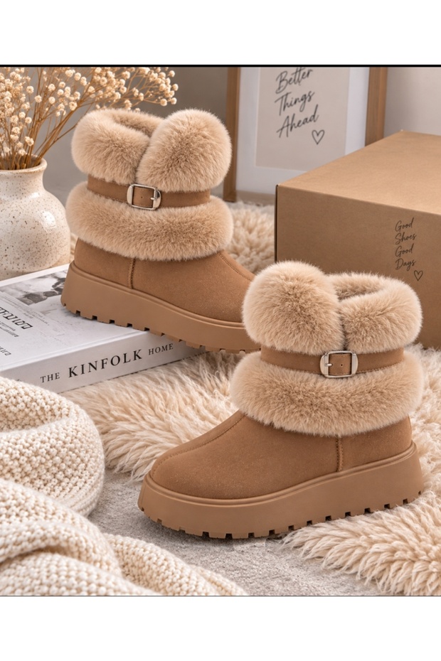 Women's Black Suede Fur Platform Thick Sole Short Winter Boots