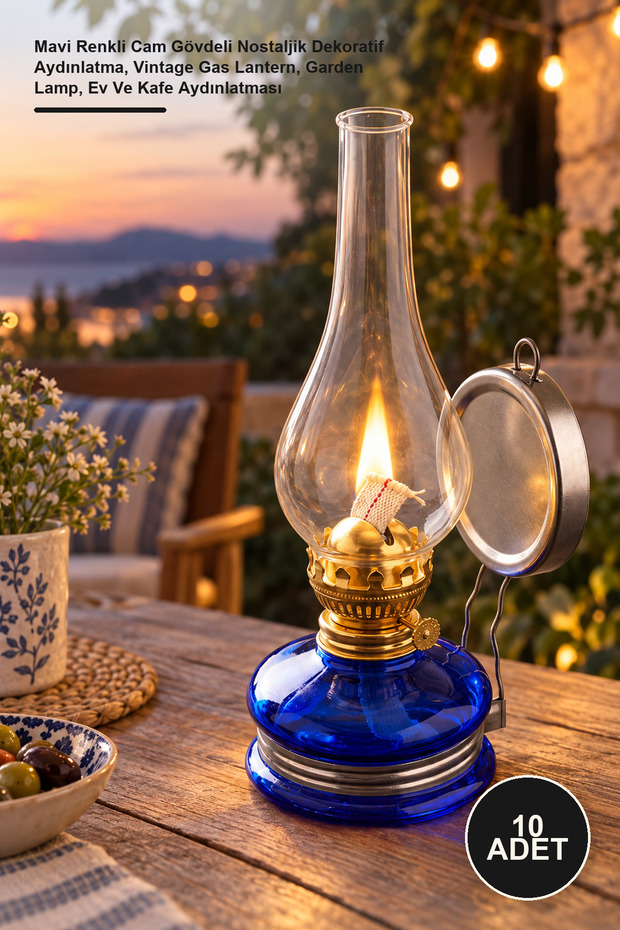 10 Pieces of Glass Gas Lamps – Nostalgic Decorative Lighting with Blue Glass Body, Vintage Gas Lantern, Garden Lamp, Home and Cafe Lighting