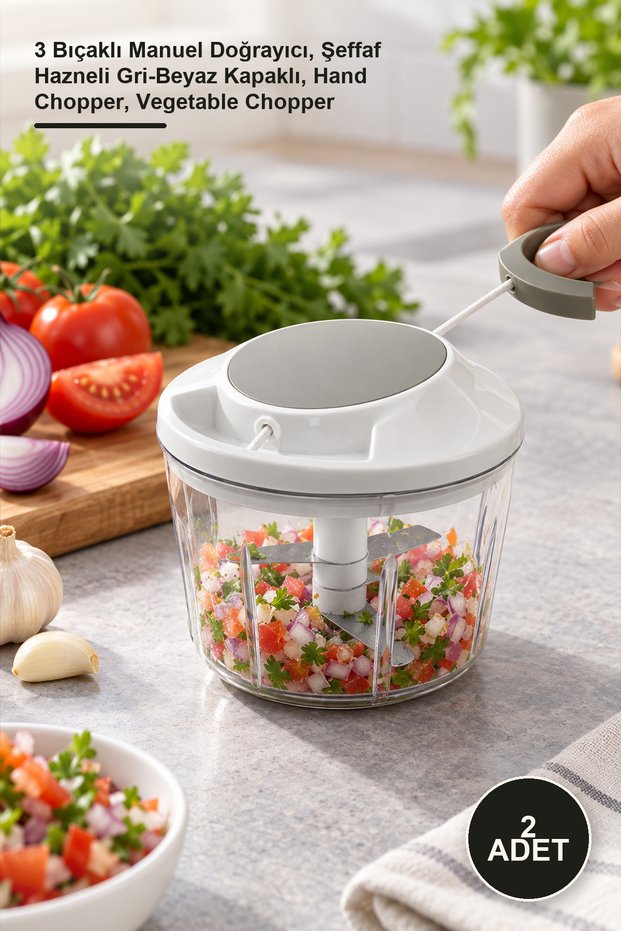 2 Pieces of Hand Chopper with Drawstring – Manual Chopper with 3 Blades, Transparent Chamber and Grey-White Lid, Hand Chopper, Vegetable Chopper