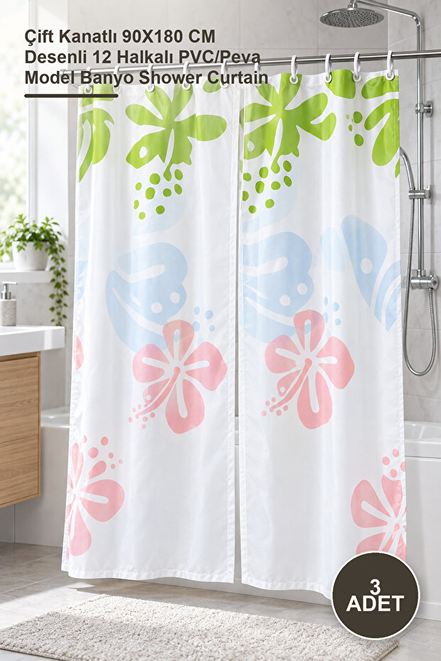 3 Pieces Pvc Shower Curtain – Double Panel 90X180 cm Patterned with 12 Rings Pvc/Peva Model Bathroom Shower Curtain