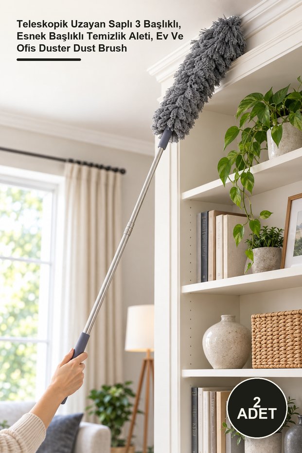 2-Piece Dusting Set – Telescopic Extendable Handle with 3 Heads, Flexible Head Cleaning Tool, Home and Office Duster Dust Brush