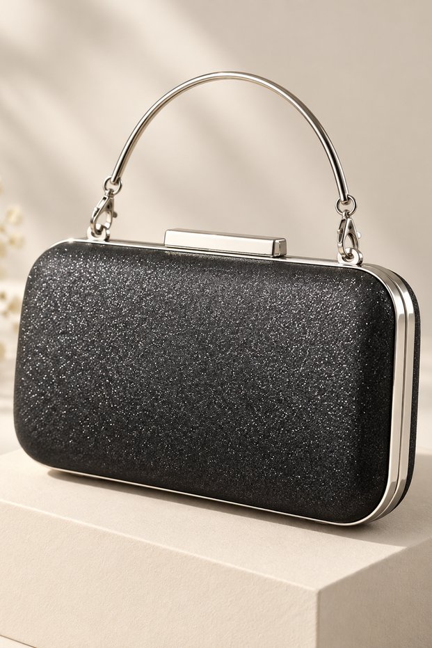 Women's Black Glittery Metal Handle Box Shape Evening Dress Clutch Bag Mlu8007