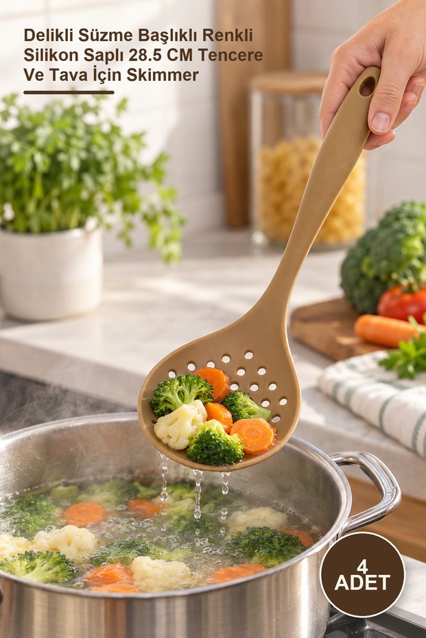4 Pieces of Silicone Colander - 28.5 cm Skimmer for Pots and Pans with Perforated Strainer Head and Colorful Silicone Handle