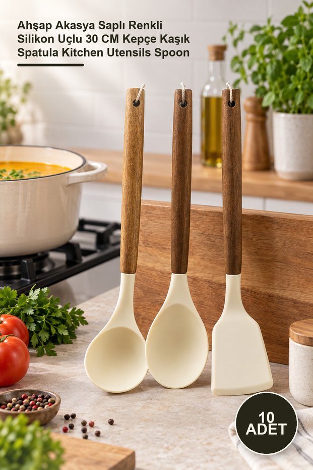 10 Piece Silicone Kitchen Set – 30 cm Ladle Spoon Spatula with Wooden Acacia Handle and Colorful Silicone Tips Kitchen Utensils Spoon