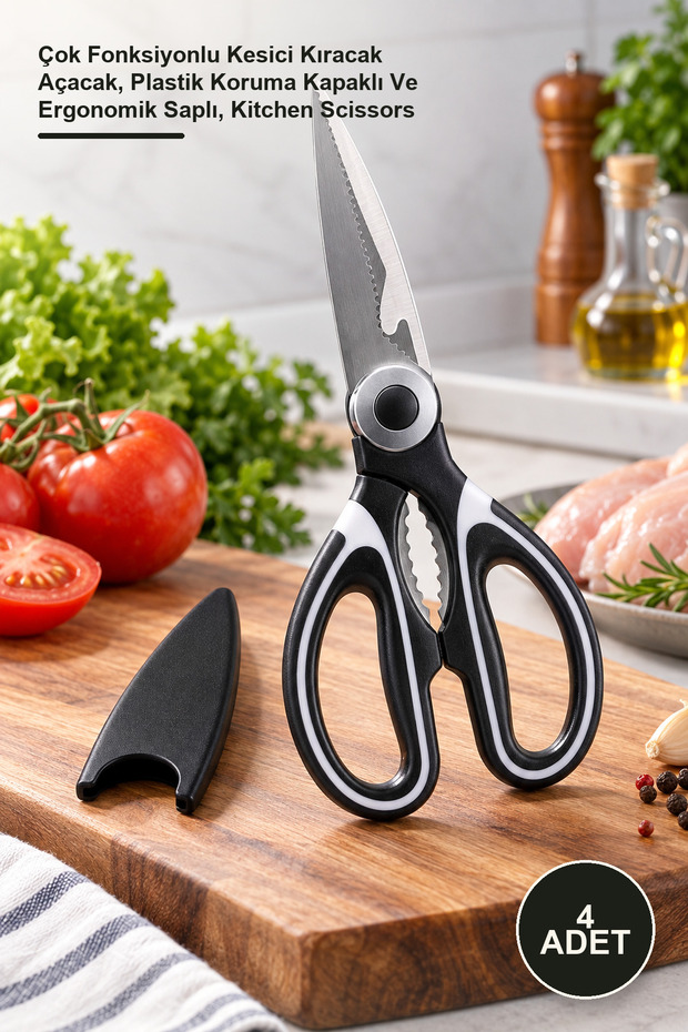 4 Pieces Kitchen Scissors – Multifunctional Cutter, Opener, with Plastic Protective Cover and Ergonomic Handle, Kitchen Scissors