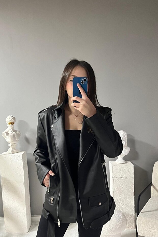 New Season Oversize Long Women's Black Leather Jacket