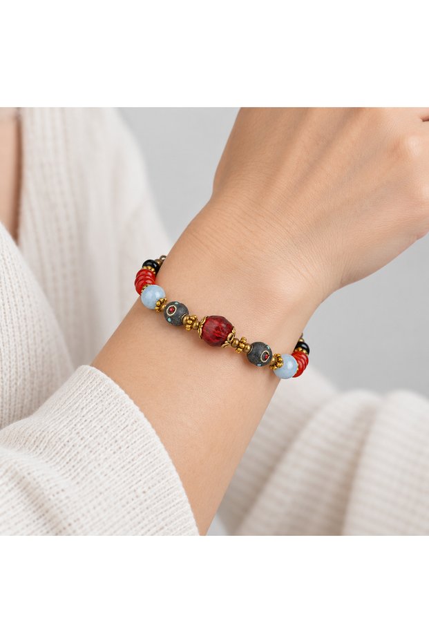 Red and Black Beaded Women's Bracelet with Gold Detail, Stylish Design Accessory