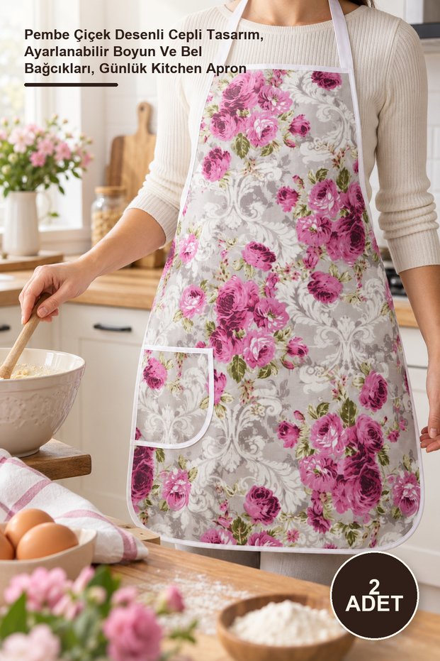 2 Pieces of Cloth Kitchen Apron – Pink Floral Patterned Pocket Design, Adjustable Neck and Waist Straps, Daily Kitchen Apron